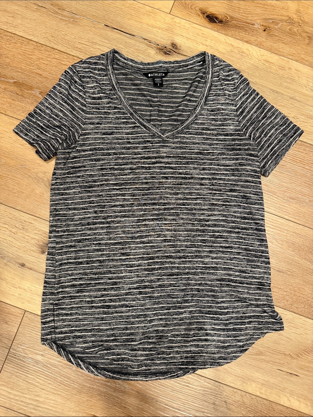 Athleta Black & White Striped V-Neck Short Sleeve Tee